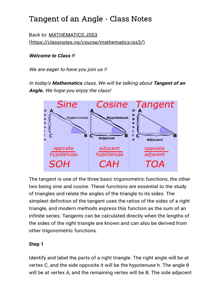 Tangent of an Angle - Class Notes | PDF