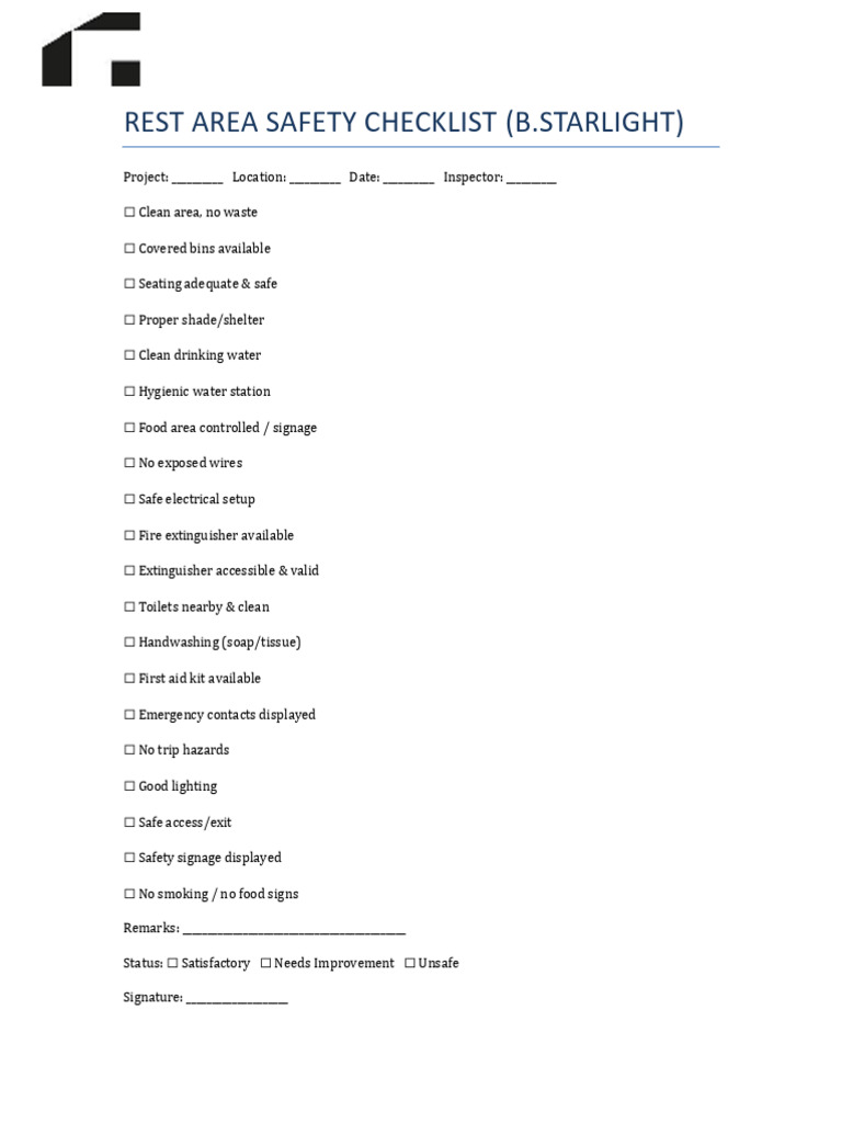 Rest Area Checklist One Page | PDF