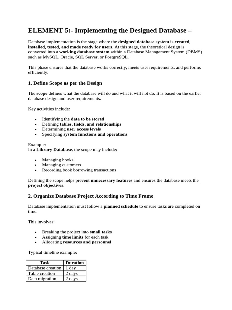 Element 5-Implementing the Designed Database | PDF | Databases ...