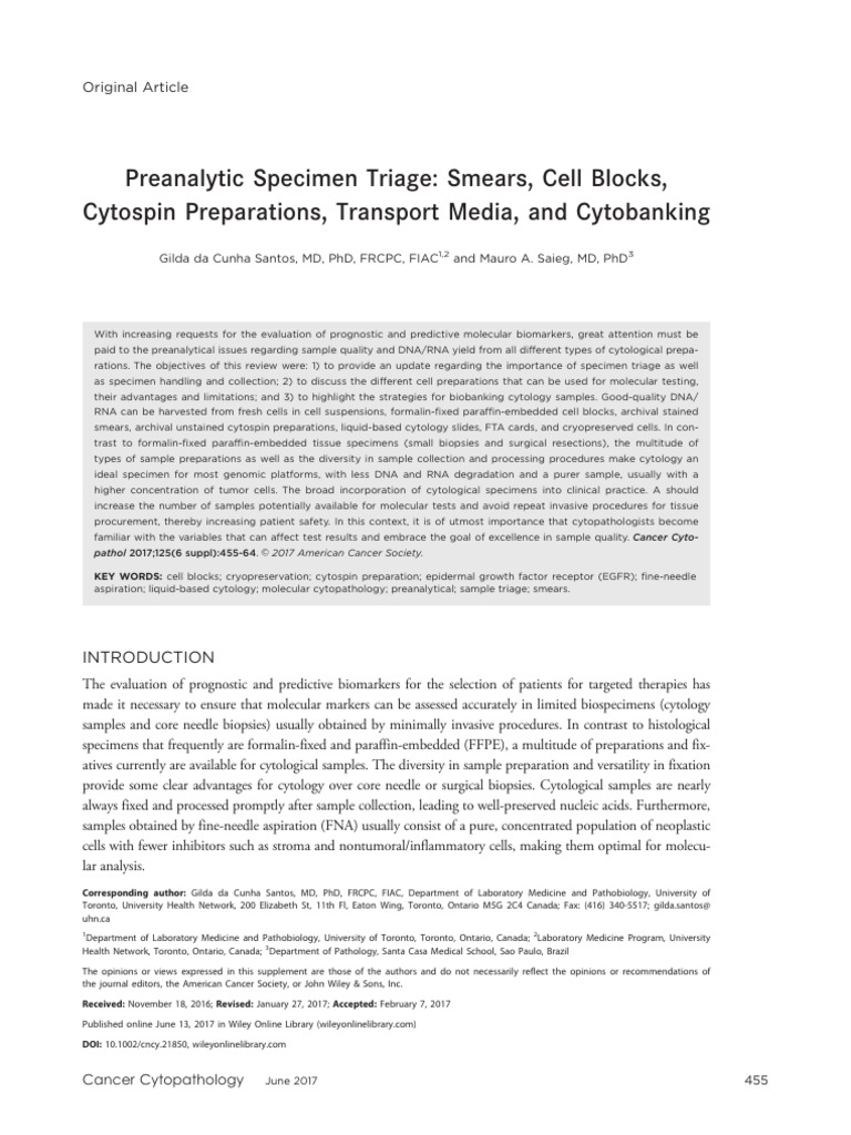 Cancer Cytopathology - 2017 - Da Cunha Santos - Preanalytic Specimen ...