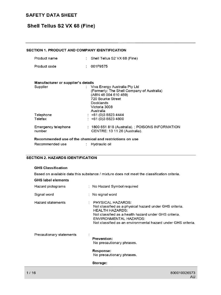 Msds Shell Tellus s2 Vx 68 | PDF