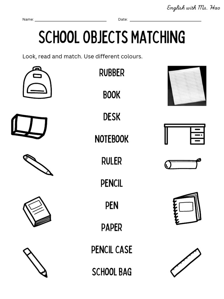 School Objects Matching Printable Worksheet in Black and White Simple ...