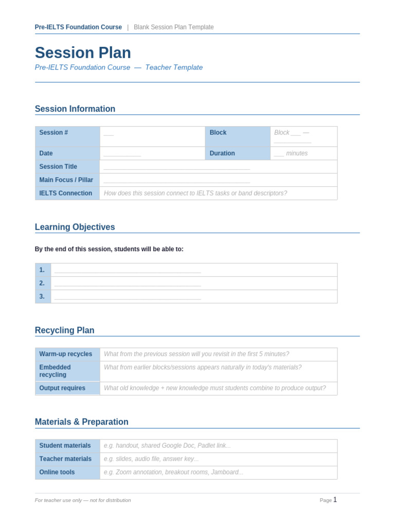 Session Plan BLANK Template | PDF | Cognitive Science | Human Communication