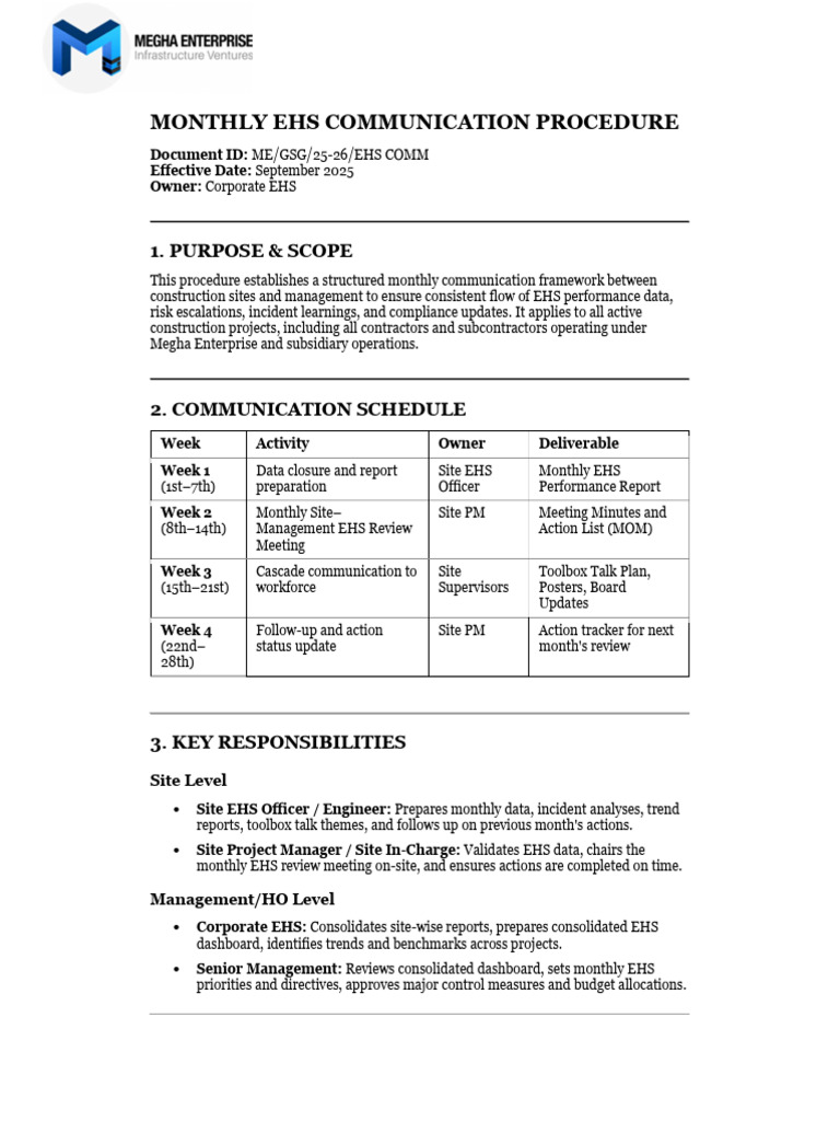 Monthly EHS Communication Procedure | PDF | Occupational Safety And ...