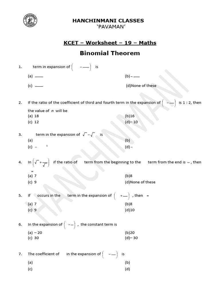 KCET Worksheet 19 Maths Binomial Theorem | PDF | Chess Theory | Chess