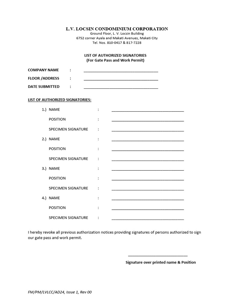 LVLCC Authorized Signatories Form | PDF