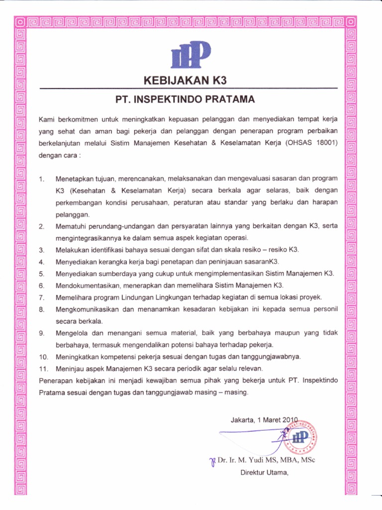 Kebijakan K3 PT Inspektindo Pratama | PDF | Bisnis