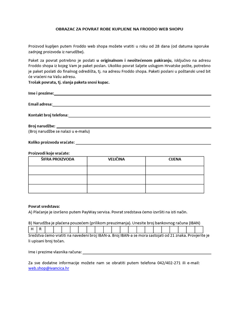 Obrazac Za Povrat Robe | PDF