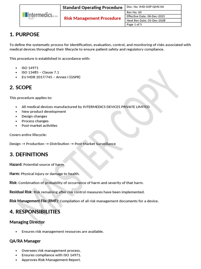 IMD SOP QMS 04 Risk Management Procedure | PDF | Risk Management | Risk
