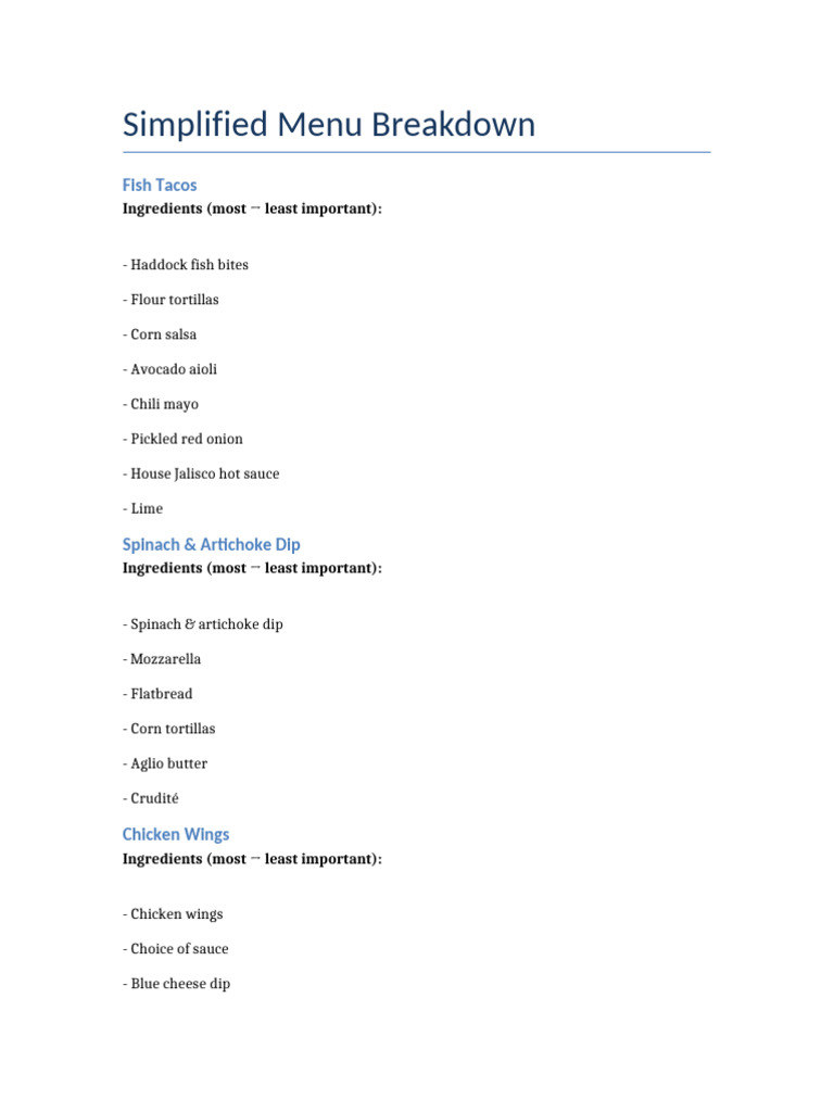 Simplified Menu Breakdown | PDF