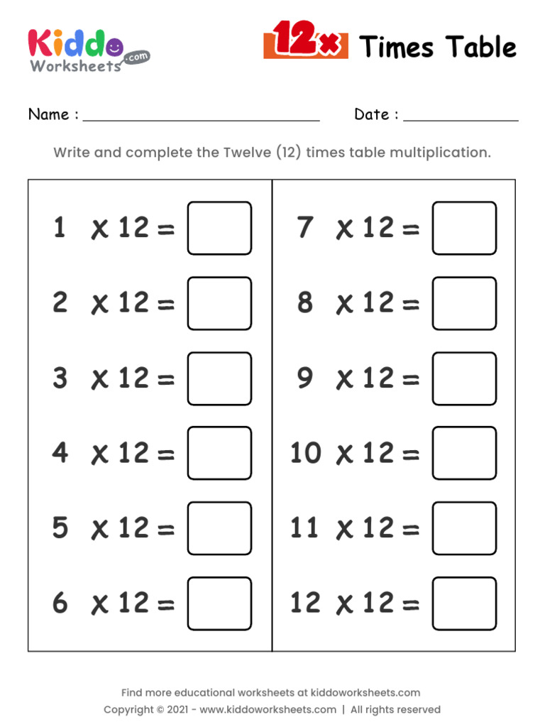 12 Times Table Worksheet | PDF