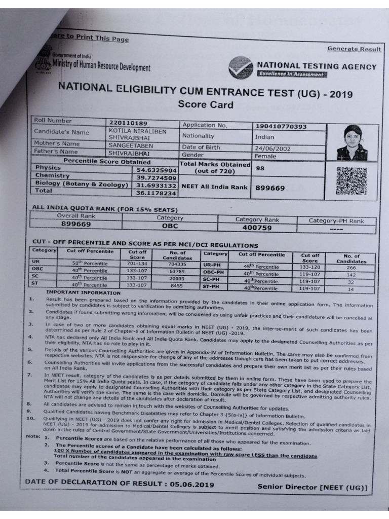 Neet Marksheet | PDF