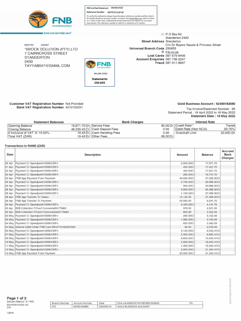 Business Bank Statement FNB Real | PDF