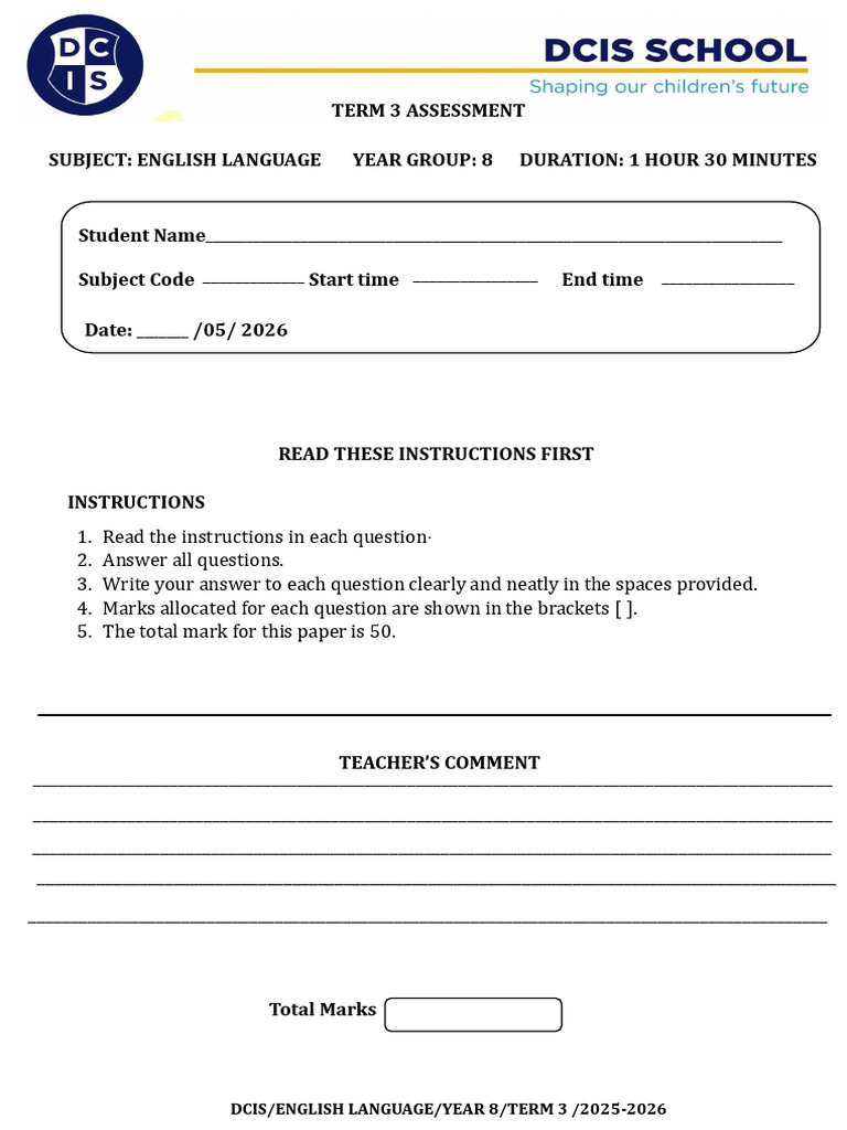 English Language Yr 8 Term 3 Assessment 2025-2026 OK | PDF | Human ...