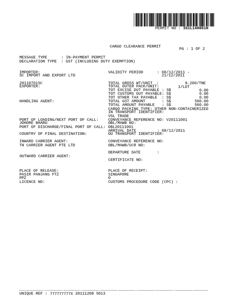 Sample of Cargo Clearance Permit (CCP) - Singapore Customs | PDF ...