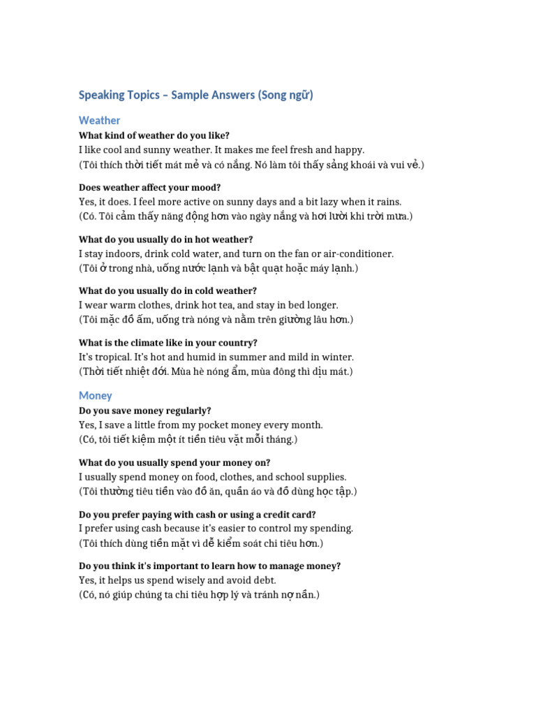 Speaking Topics Sample Answers | PDF