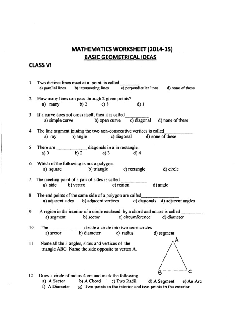 CBSE Class 6 Basic Geometrical Concepts Worksheet(10) | PDF