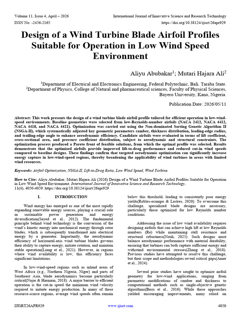 Design of a Wind Turbine Blade Airfoil Profiles Suitable for Operation ...