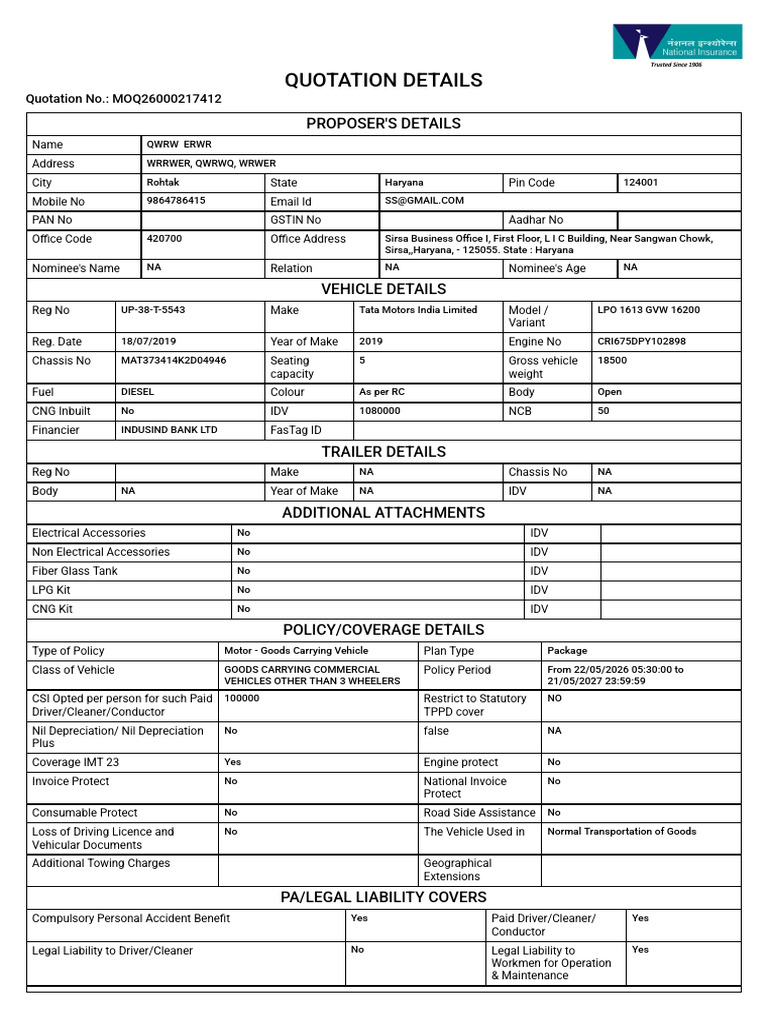 QuotationDetails_GCV (12 | PDF | Insurance | Transport