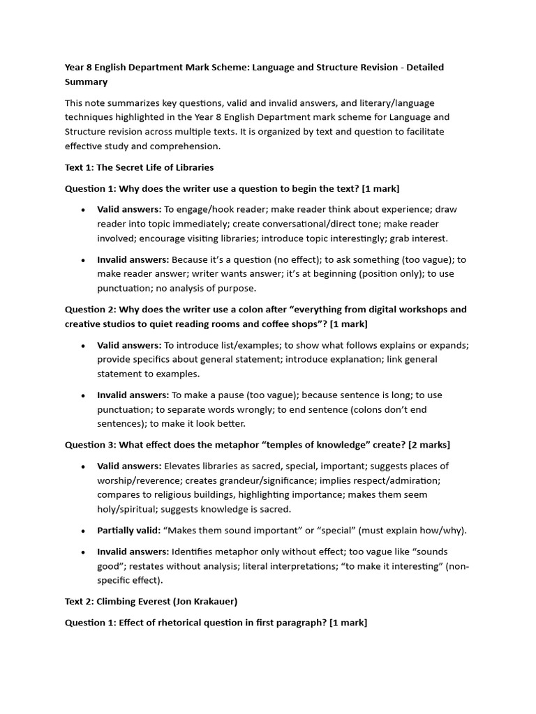 Year 8 English Department Language and Structure | PDF | Adverb | Question