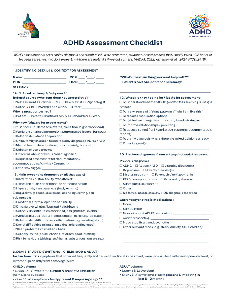 ADHD Assessment and Diagnosis Checklist for Clinicians 1773402955 | PDF ...