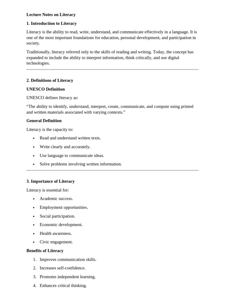 Lecture Notes on Literacy | PDF | Literacy | Reading Comprehension