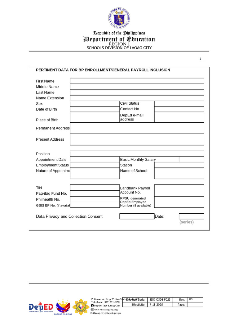 SDO-OSDS-F023 Pertinent Data for BP Enrollment;Payroll Inclusion | PDF