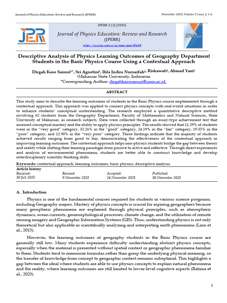 Descriptive Analysis of Physics Learning Outcomes of Geography ...