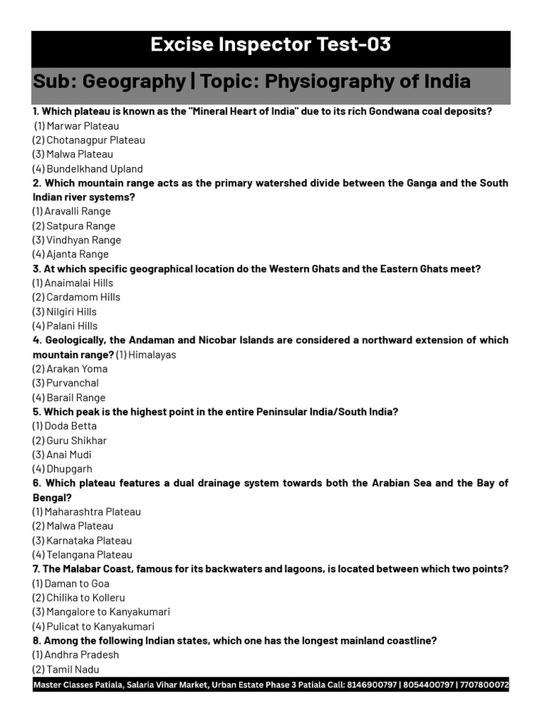 Excise Inspector Test-03 | PDF | South India | Geomorphology