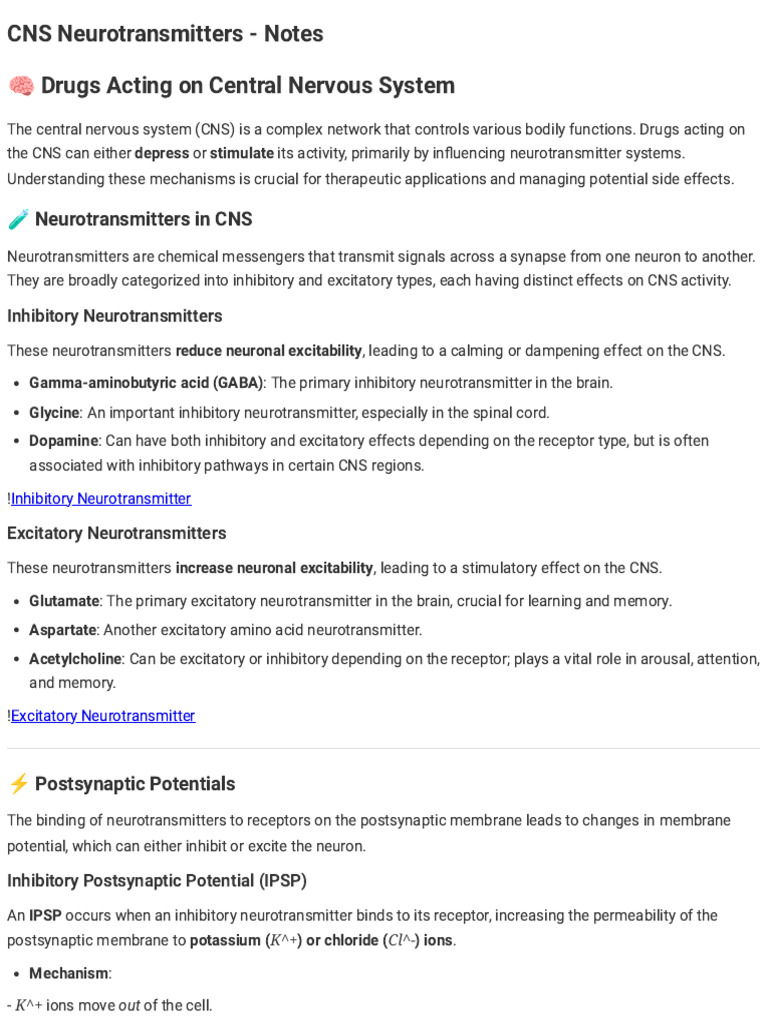 Studley AI - CNS Neurotransmitters | PDF | Inhibitory Postsynaptic ...