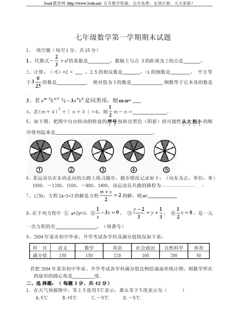 七年级数学第一学期期末试题2