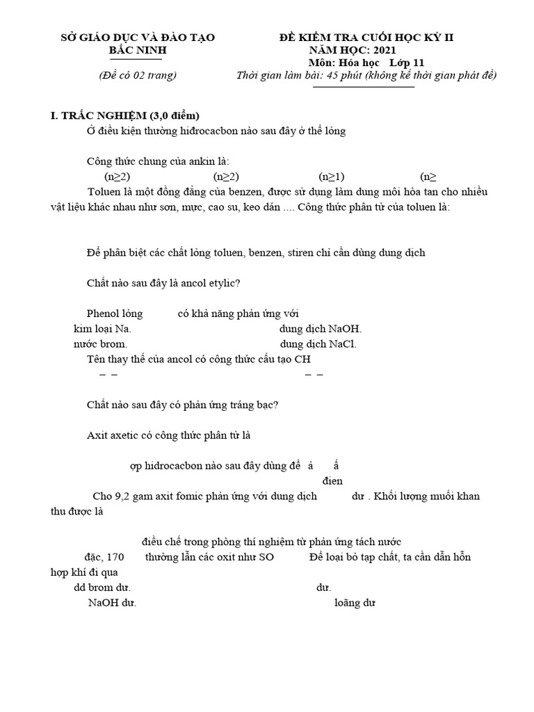 De Kiem Tra Cuoi Hoc Ky 2 Hoa Hoc 11 Nam 2021 2022 So Gddt Bac Ninh | PDF
