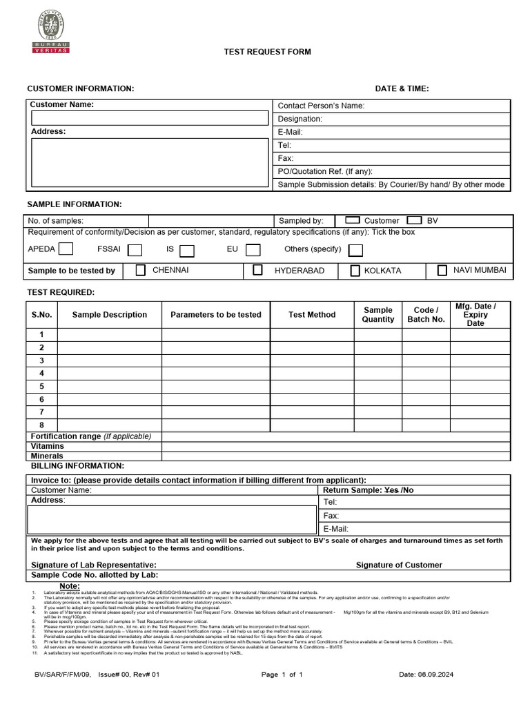 BV-SAR-F-FM-09 Test Request Form Rev. 01 | PDF | Specification ...