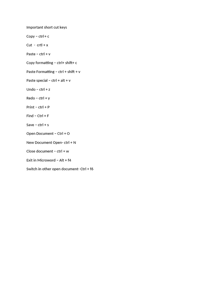 Short Cut Keys | PDF