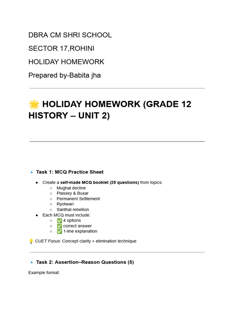 History Holiday Homework | PDF | Multiple Choice