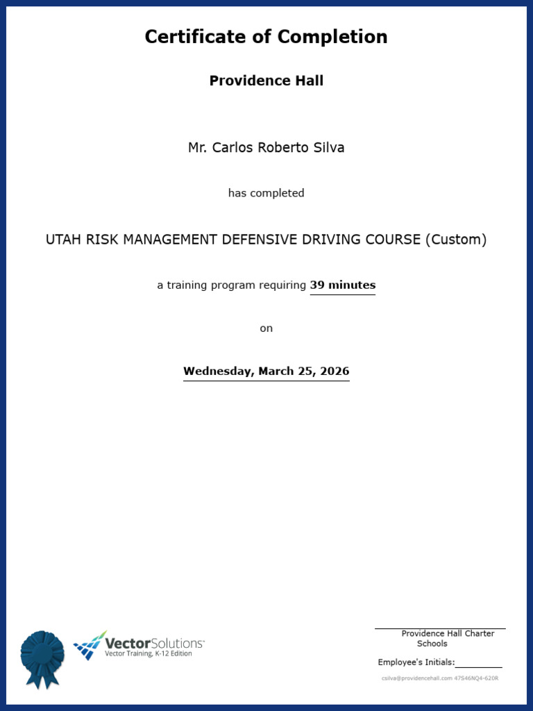Certificate of Completion for Utah Risk Management Defensive Driving ...