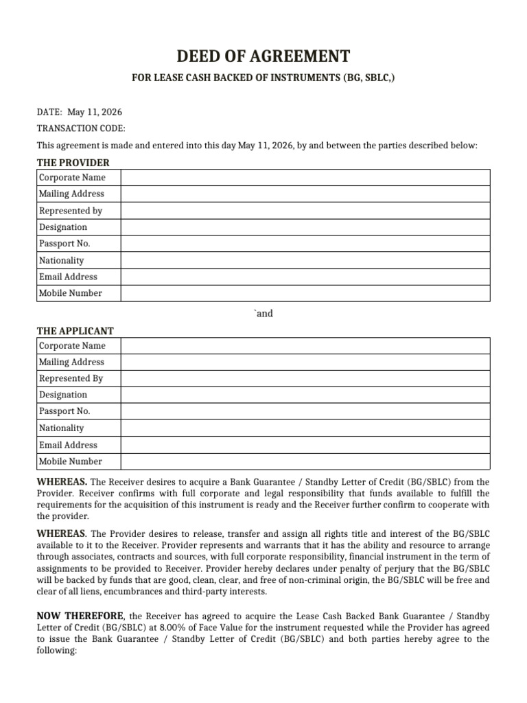 Deed of Agreement (DOA) | PDF | Letter Of Credit | Securitization