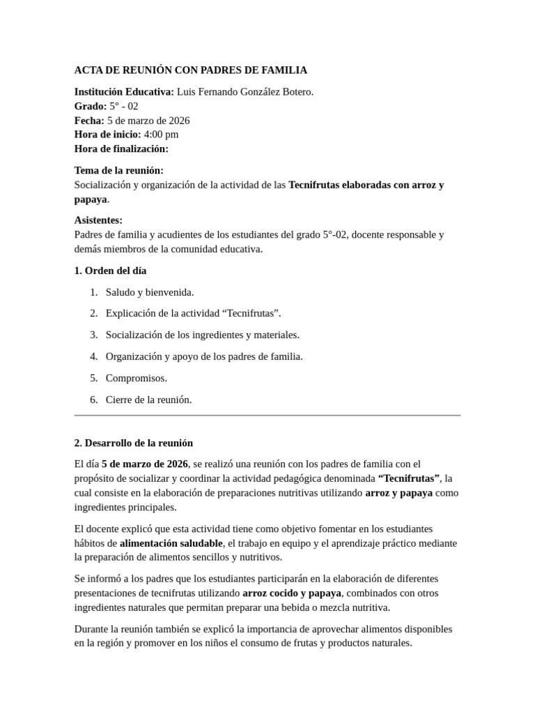 Acta de Reunión Con Padres de Familia | PDF | Maestros