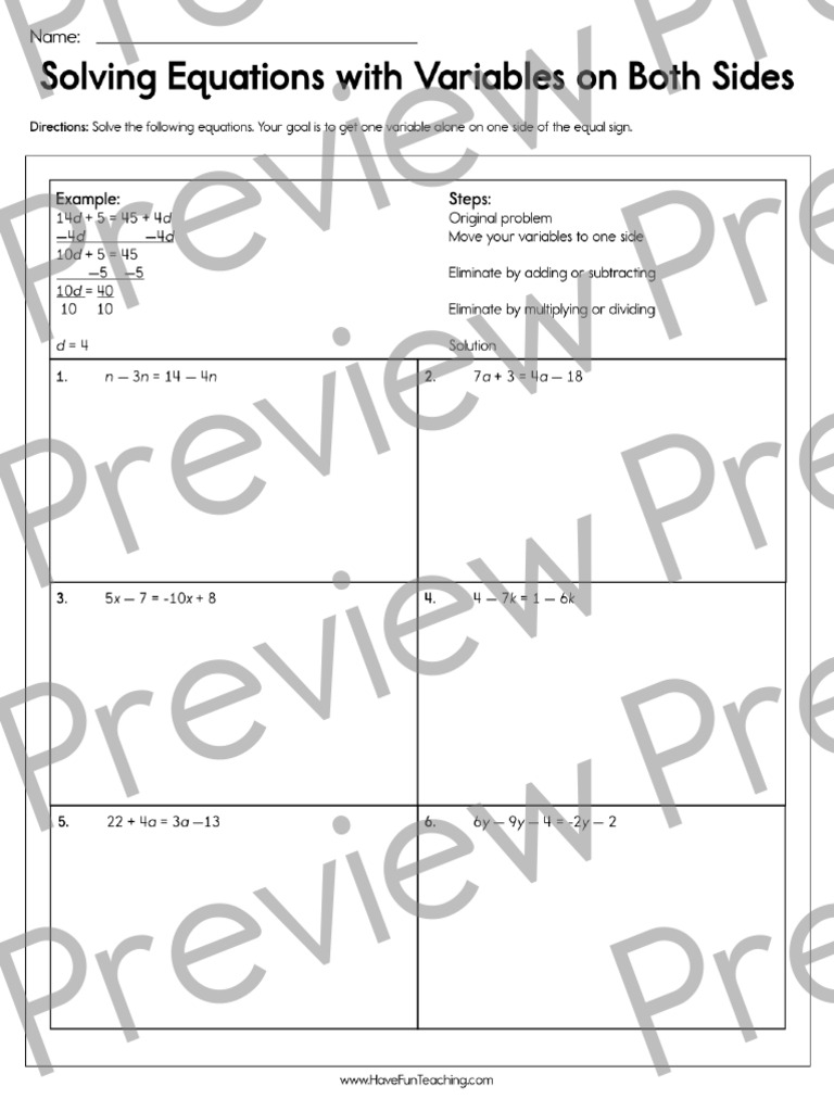 Solving Equations With Variables On Both Sides Worksheet Preview | PDF