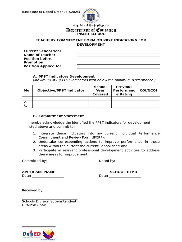 Teachers Commitment Form On PPST Indicators For Development 1 | PDF