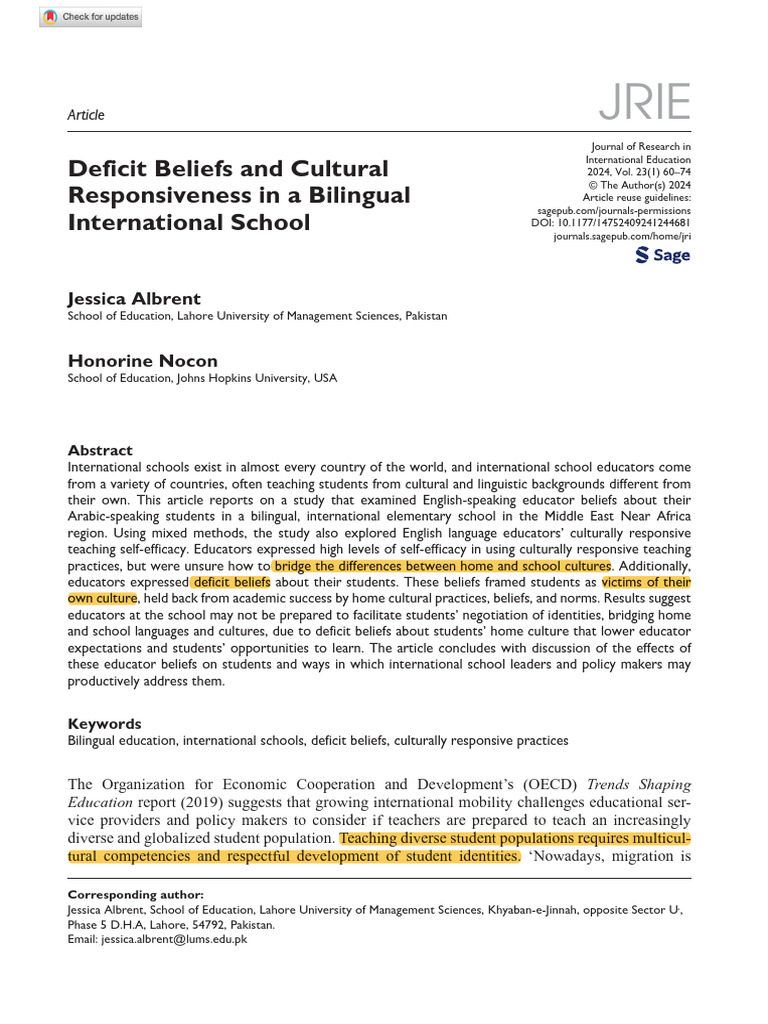 Albrent & Nocon (2024) — Deficit Beliefs and Cultural Responsiveness in ...