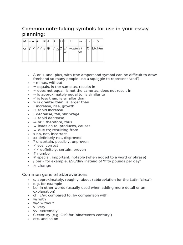 Some Common Note-taking Symbols Abbreviations | PDF