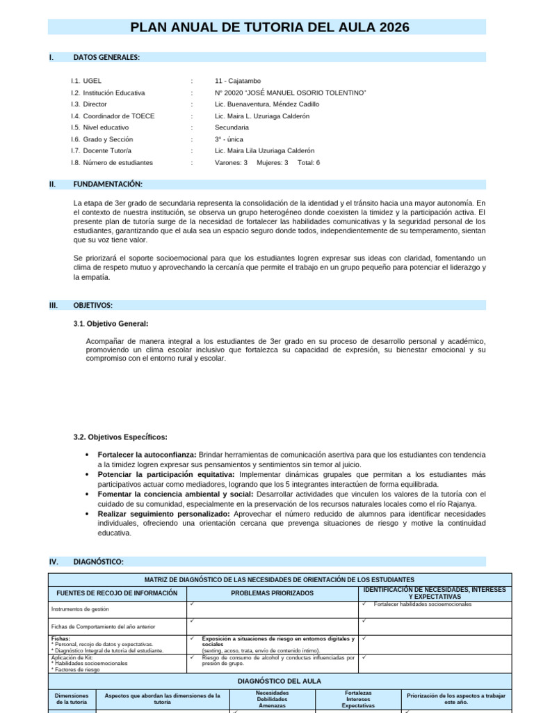 Plan de Tutoria de Aula 2026 | PDF | Salón de clases | Comportamiento
