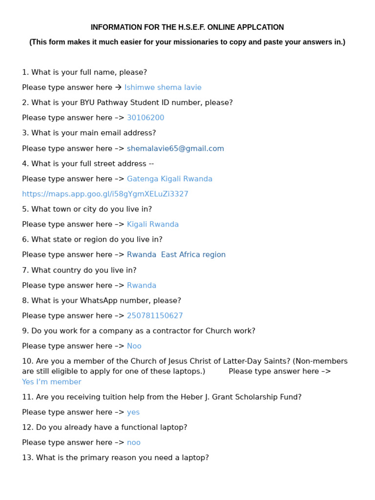 HSEF Questionnaire | PDF