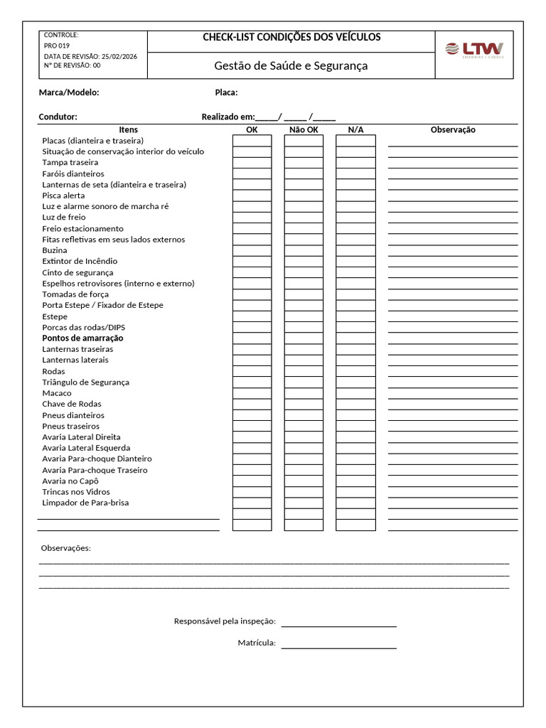 Check-List Condições Dos Veículos | PDF