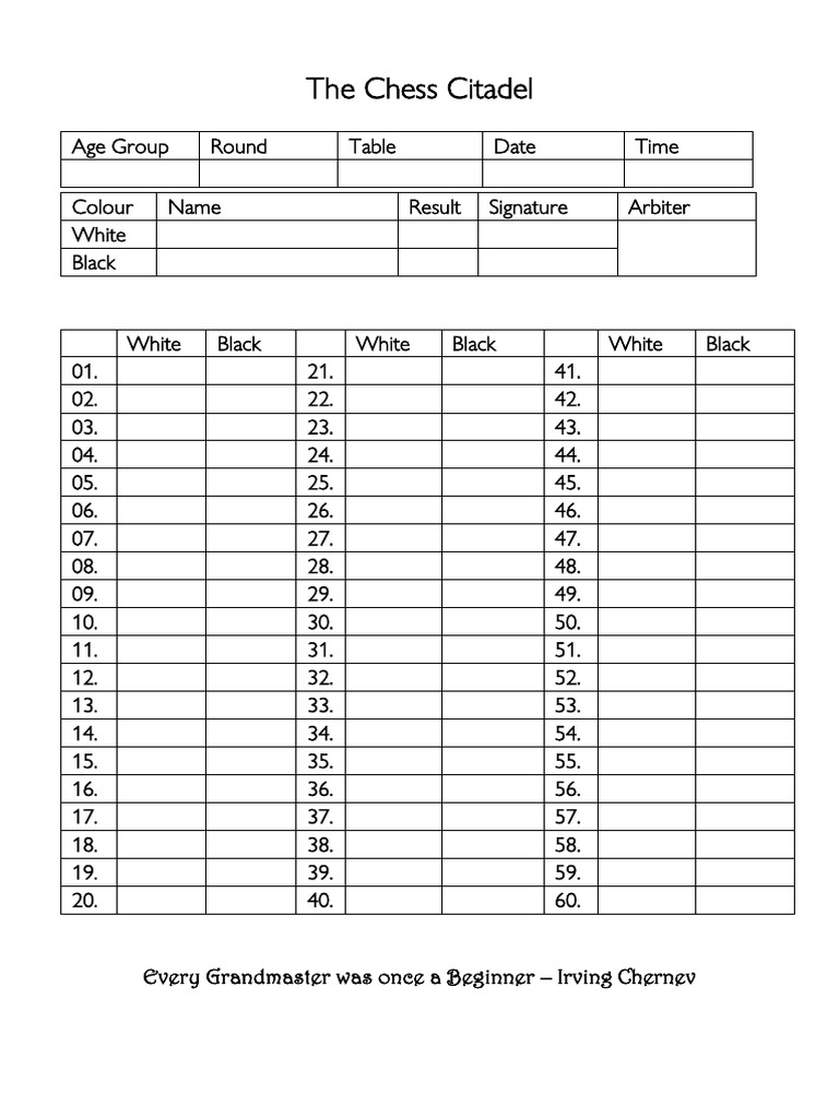 The Chess Citadel -Score Sheet | PDF