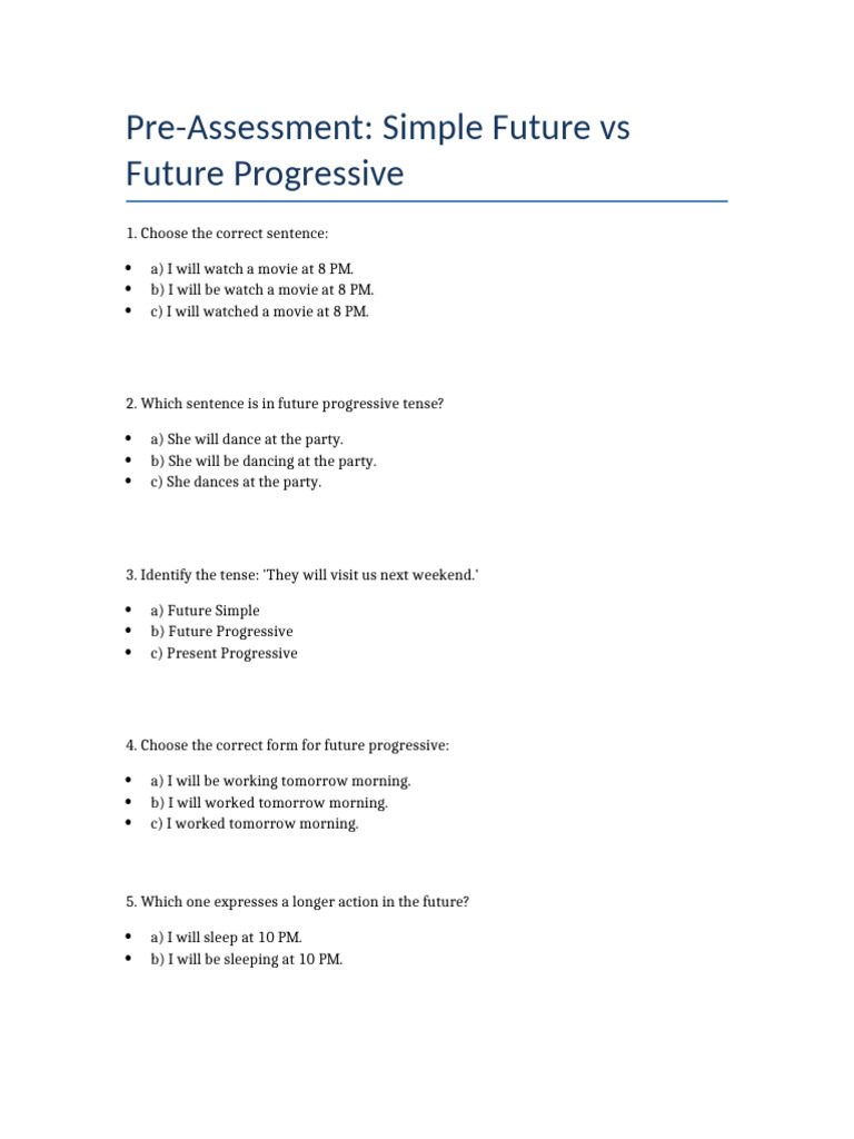 Pre-Assessment Future Tense | PDF