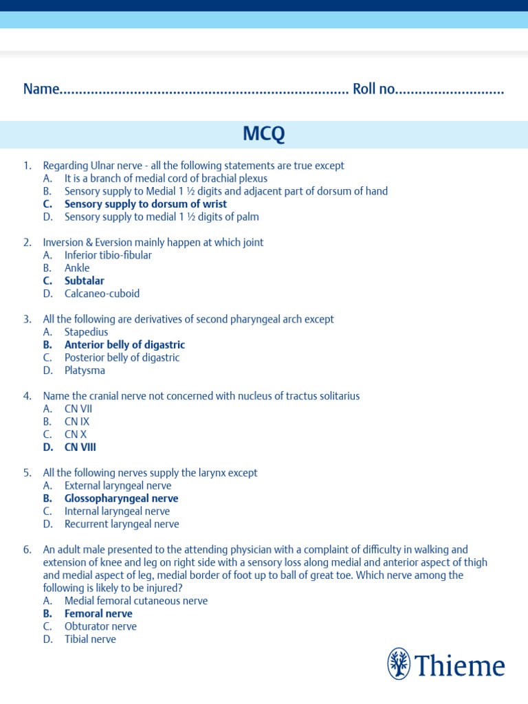 MCQs Answer Sheet | PDF | Abdomen | Larynx