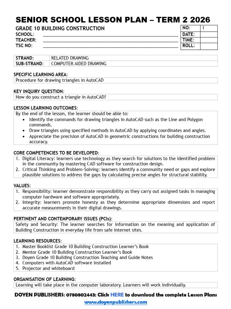 Grade 10 Building Construction Term 2 2026 Lesson Plans | PDF | Lesson ...