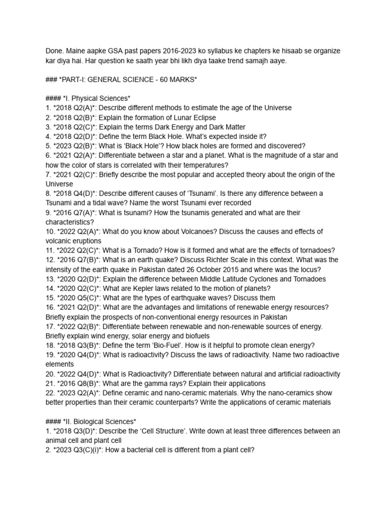 GSA Past Papers Questions | PDF | Liver | Tsunami